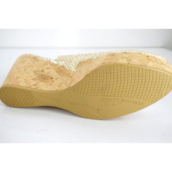 Stuart Weitzman Jean Metallic Snake Slingback Cork Wedge Heel Sandal SZ 10.5 New - Picture 9 of 11